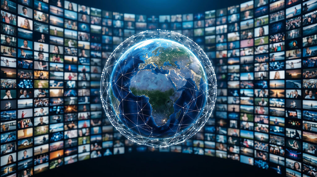 television and entertainment on screens surrounding a globe